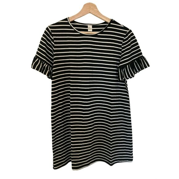 H&M Striped Womens S Ruffle Sleeve Dress Black/White Cotton Short Sleeve Shift - Picture 1 of 4